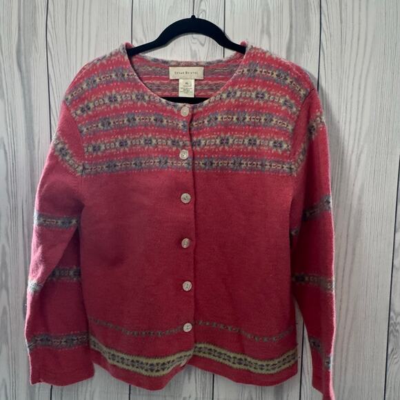 Susan Bristol Sweaters - Vtg y2K Susan Bristol Cardigan Women XL Wool Sweater Cottage Core Flowers Pink